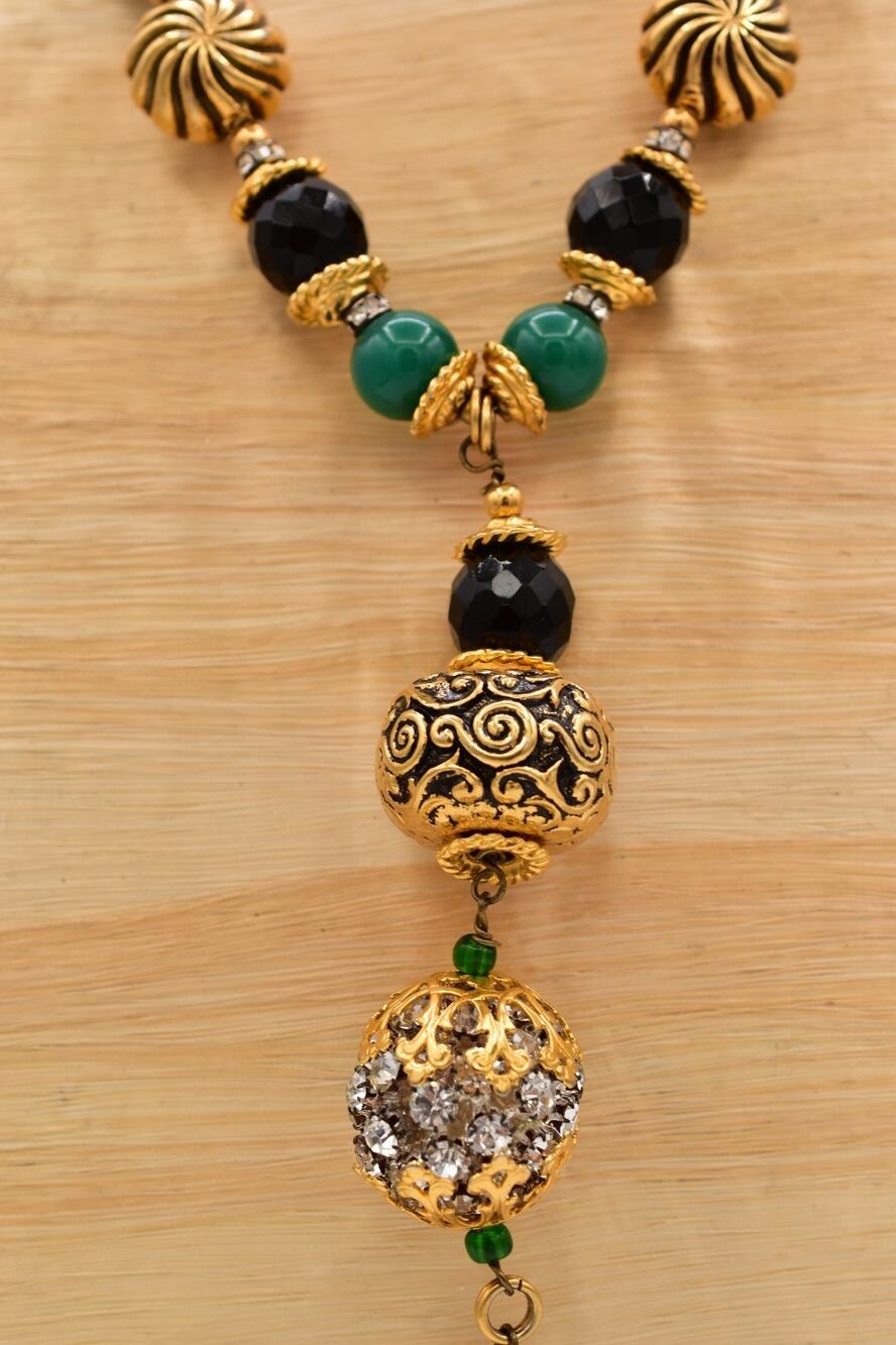 Vintage Statement Beaded Necklace Green Black Crystal Heavy Chunky 1970s BinBN